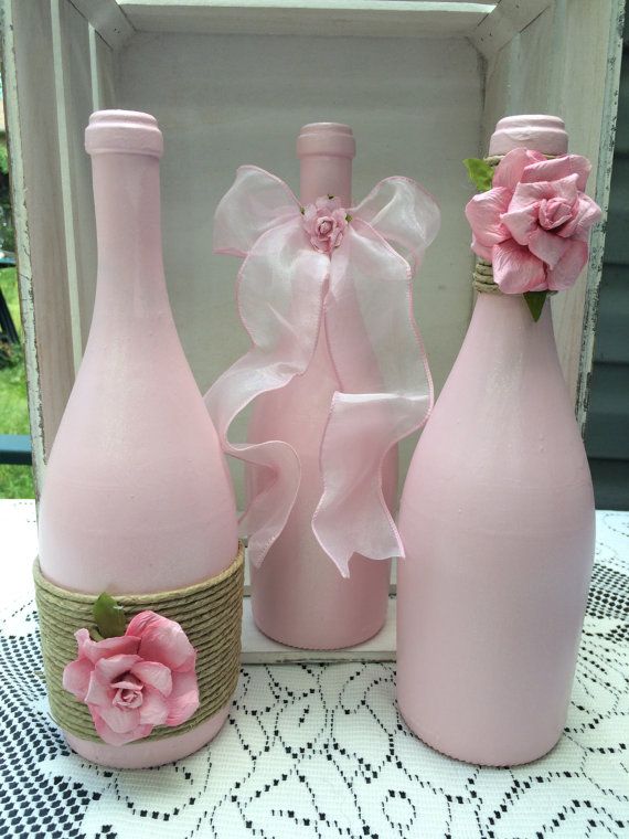 Pink wine bottles with Twine and pink ombré roses