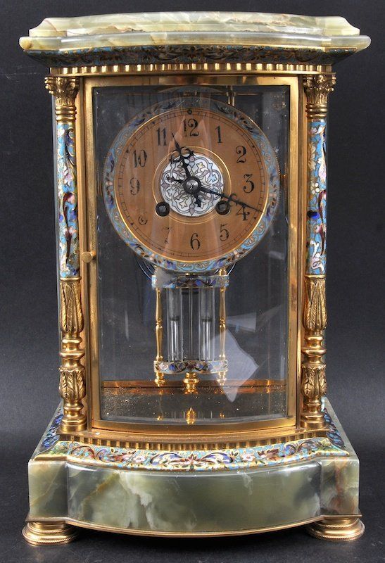 19th Century French Green Onyx And Champleve Enamel Clock ======================...