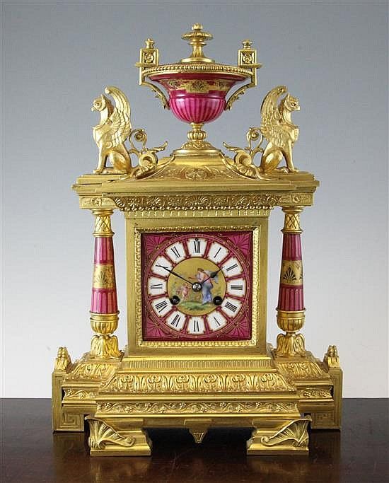 A 19th century French ormolu and porcelain mantel clock, 16.75in.