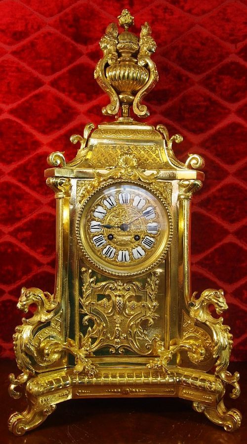 ANTIQUE CLOCK FRENCH 19TH C GILT SOLID BRASS FIGURAL 8 DAY MANTLE CLOCK HUGE