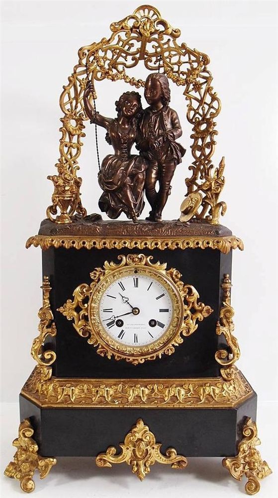 Antique clocks -Early 1800's French bronze ormolu & black marble mantle cloc...