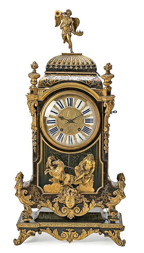 A Regency style French clock with bracket with brass Boulle marquetry and gold-p...