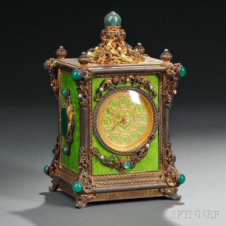 Continental Gilt-metal, Guilloche Enameled, and Jeweled Musical Clock...