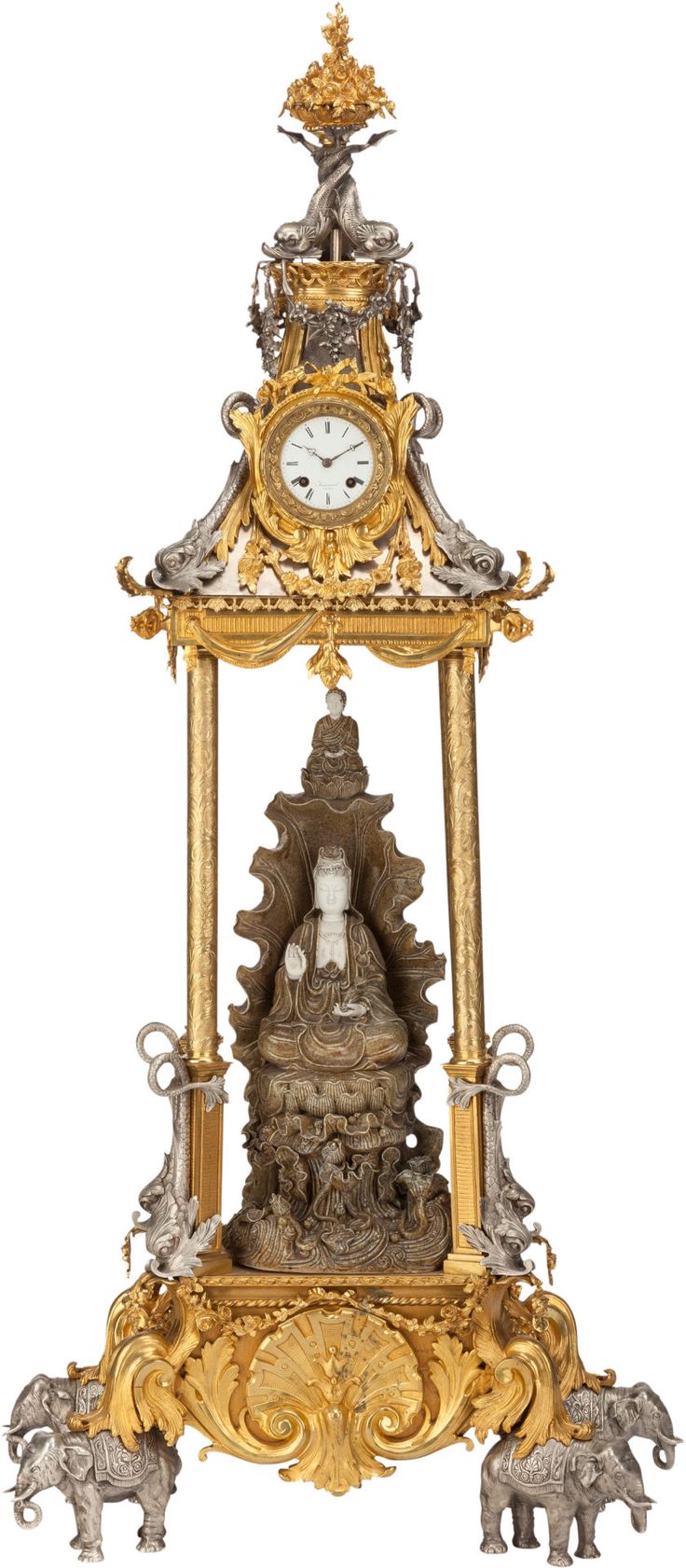 FRENCH SILVERED, GILT BRONZE AND PORCELAIN CHINOISERIE CLOCK, Simiand, Paris, Fr...