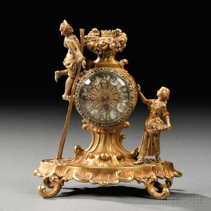 Vienna Gem-inlaid Gilded Silver Boudoir Clock, Austria, c. 1900, cast as a man a...