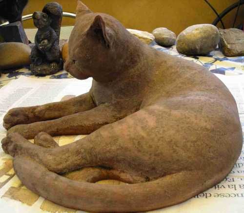 #Terracotta #sculpture by #sculptor Gaetano Cherubini titled: 'Cat (Drowsing lif...