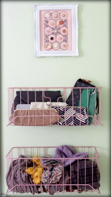 baskets on the wall. would be great for a closet for my purses, scarves....