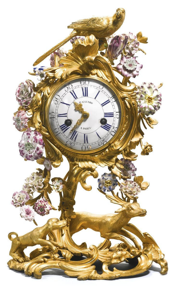 A Louis XV porcelain mounted gilt-bronze mantel clock, circa 1750 | Lot