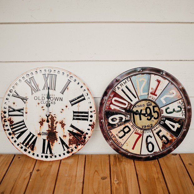 16” Rustic Metal Wall Clocks, Set of 2