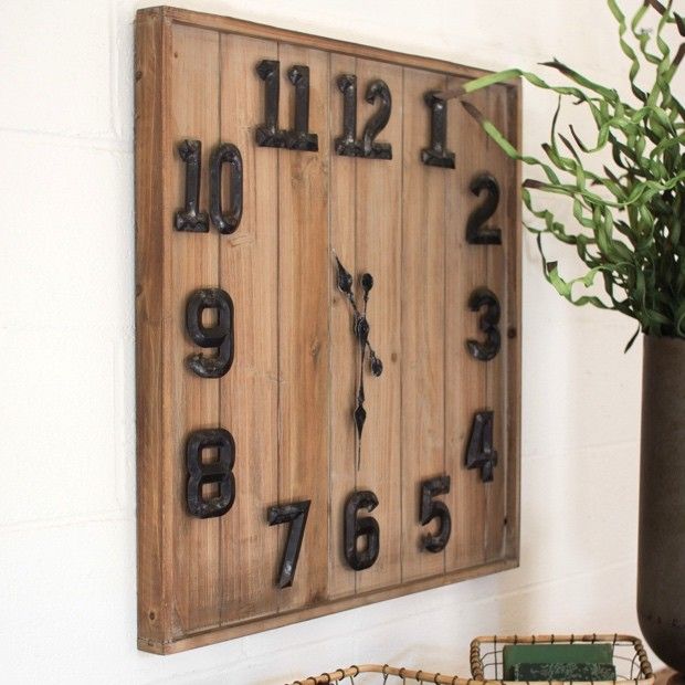 Square Wooden Clock With Metal Numbers