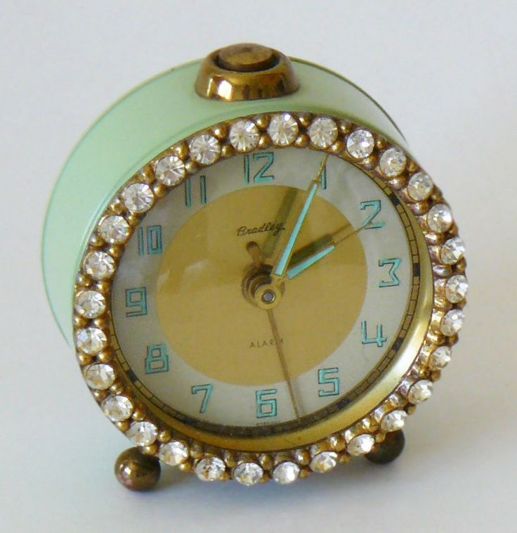 Vintage Jadeite Green Bradley Rhinestone Alarm Clock