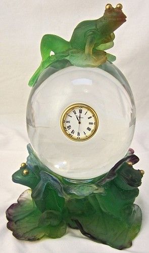 Very RARE Daum Clock Frog Crystal Lily Pad Daum France Paper Label Pate de Verre...