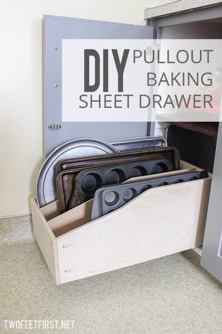 DIY pull out baking sheet drawer to organize cookie sheets