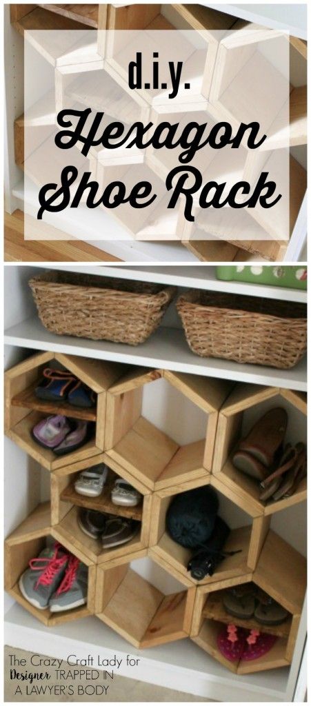 GENIUS!  Make a DIY shoe rack using an old bookshelf and making hexagon inserts ...