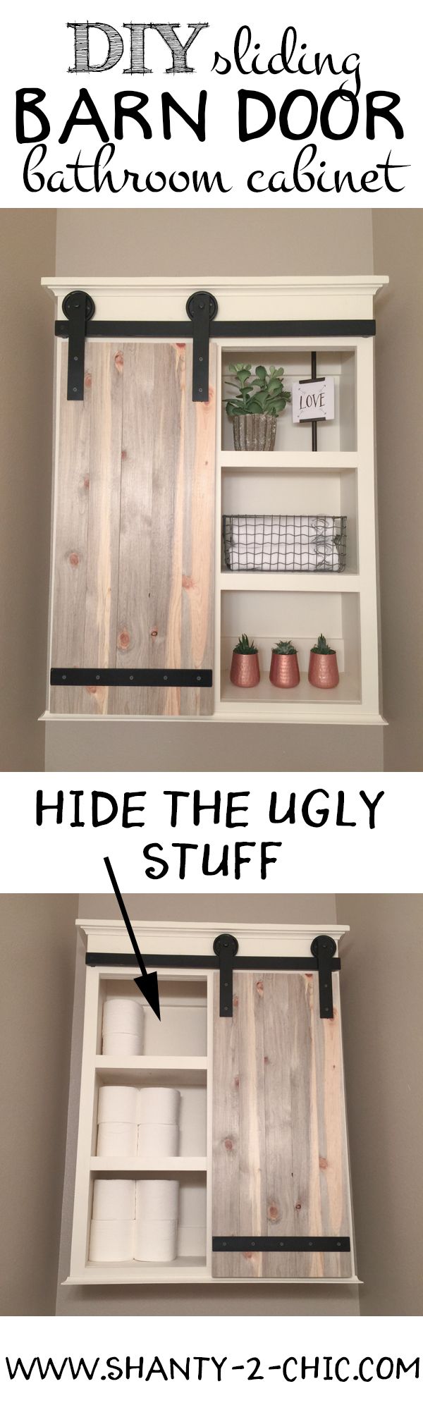 Build a custom Sliding Barn Door Storage Cabinet! Perfect for storage toilet pap...