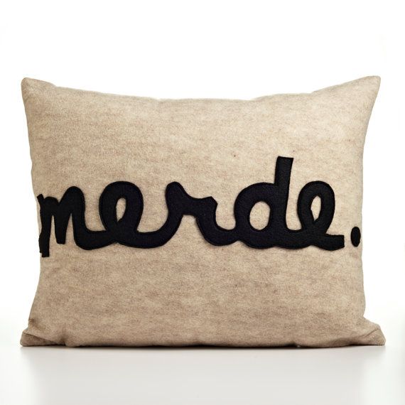 MERDE oatmeal and black recycled felt applique pillow 14x18inch
