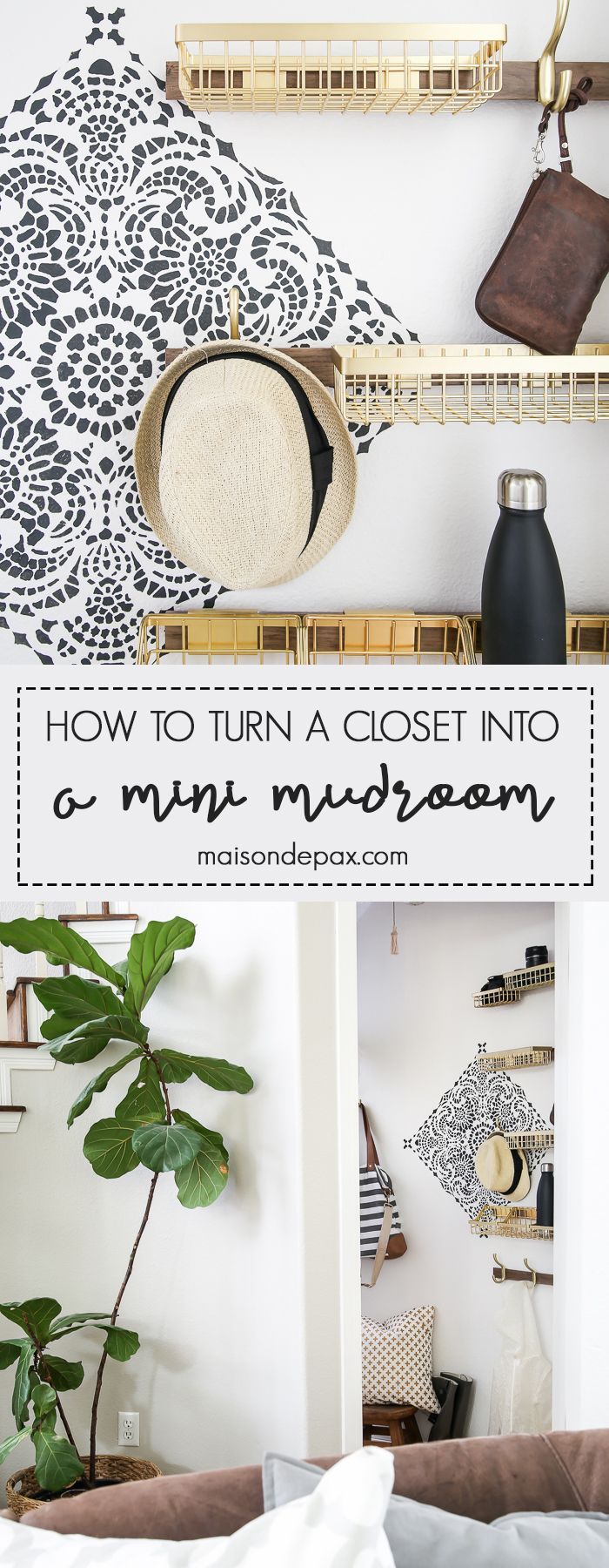 How to turn closet into mudroom: What an adorable space! Baskets and hooks turn...