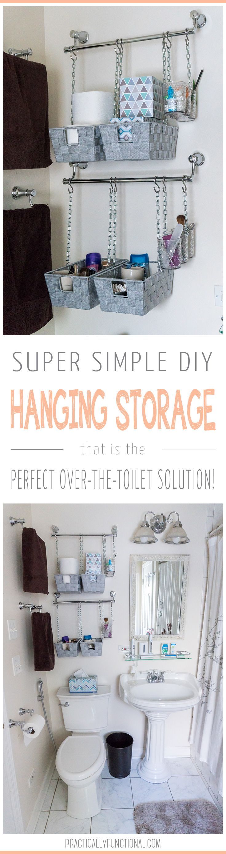 Need over the toilet storage? Install towel bars and hang baskets from them to m...