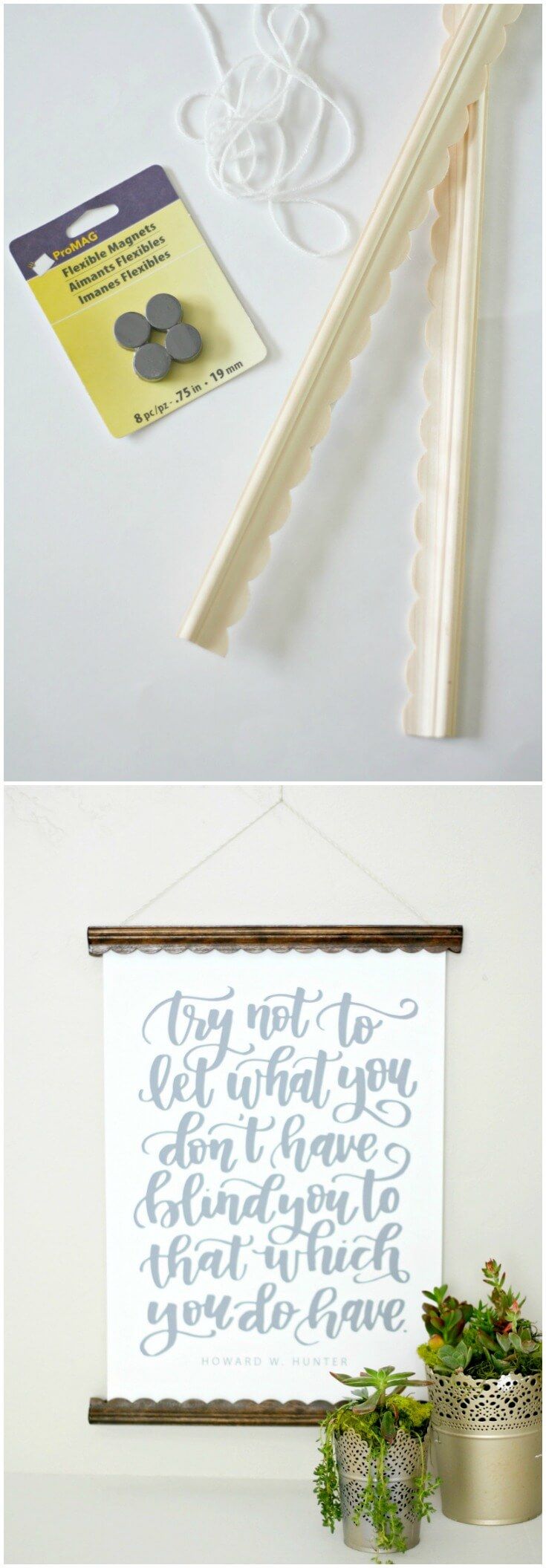 Use scalloped wood trim and magnets to make the most budget friendly poster hang...
