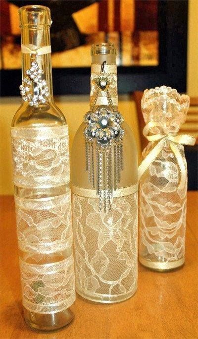 Lace covered jars and bottles.