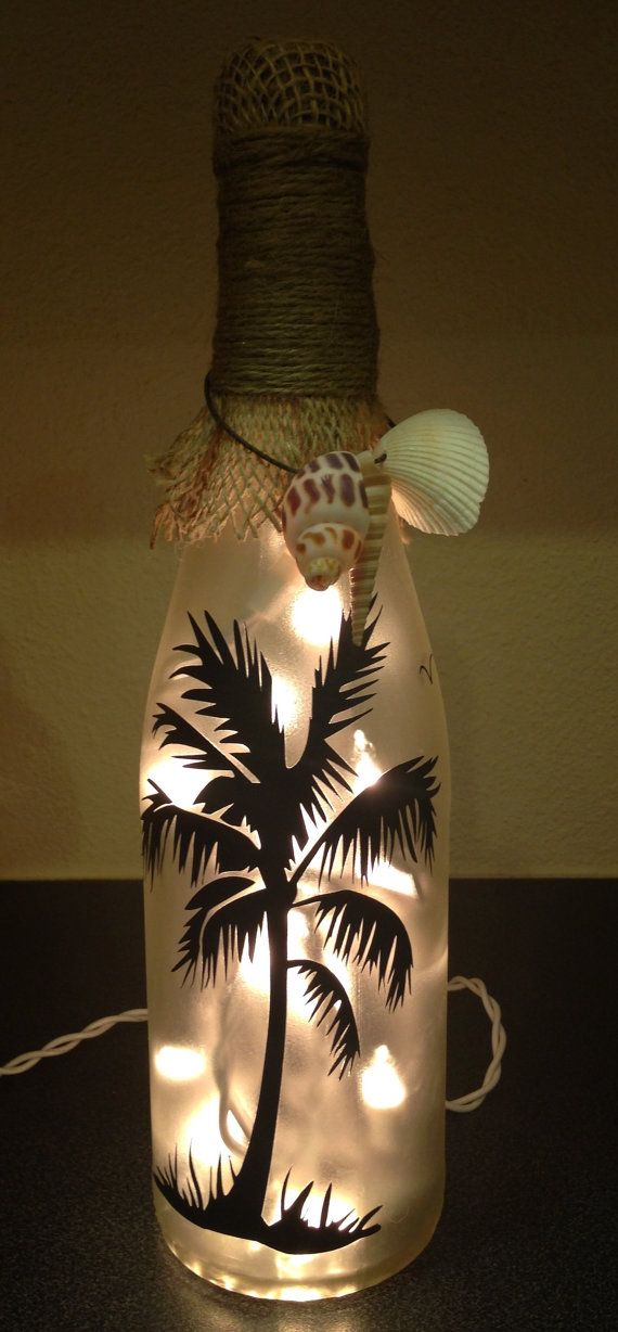 Lighted Wine Bottle/ Decoration/ Gift/ Beach House - Beach Palm Tree/ Frosted Gl...