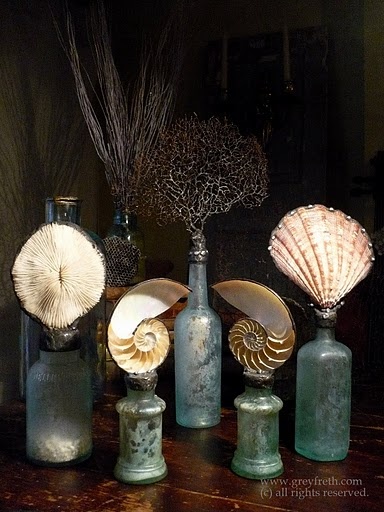 Love this vintage look with pretty shells - got lots of old bottles and lots of ...