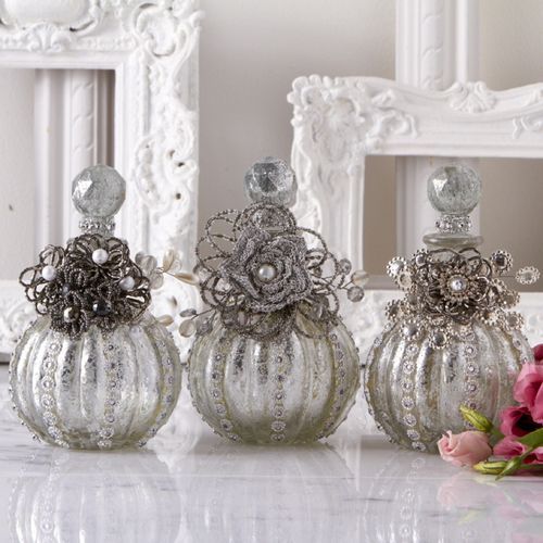 Vintage antiqued silver Perfume Bottles with beaded flowers & jeweled accents!