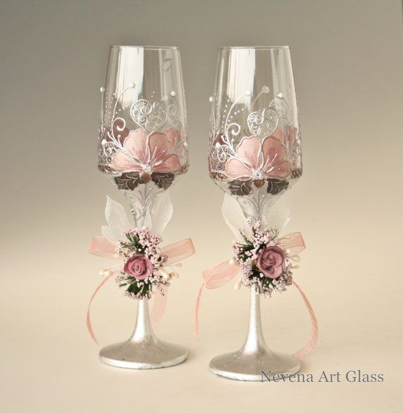 Wedding Glasses, Champagne Glasses, Champagne Flutes, Blush Pink Silver Glasses, Hand Painted, set of 2