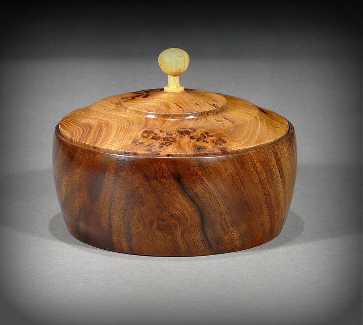 Keepsake box of Claro Walnut, with Elm Burl lid, Yellowwood pull, by New England...