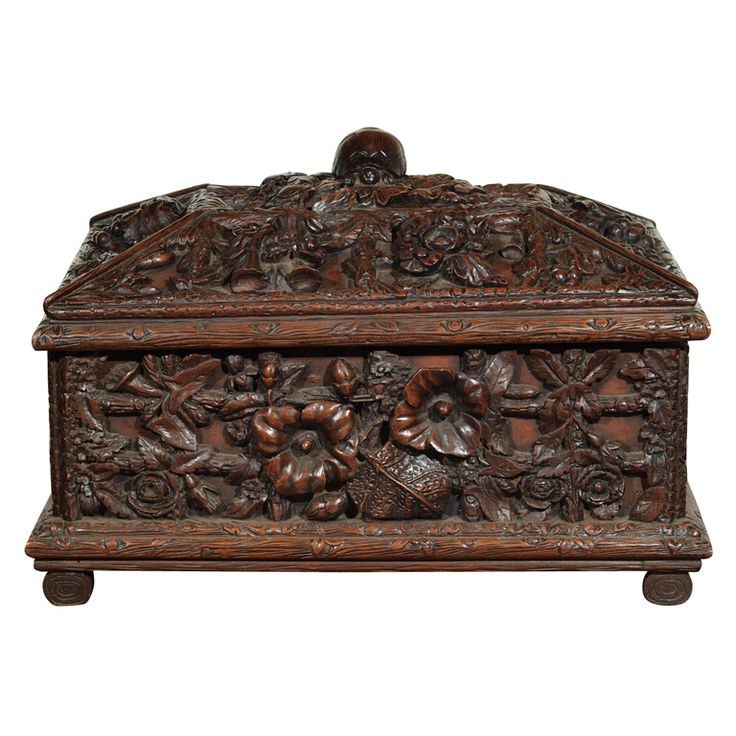 Mid 19th c Black Forrest box with morning glory motif on log frame surmounted wi...