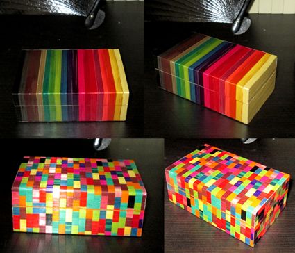 Petites boîtes aux couleurs de l'arc-en-ciel en marqueterie de paille. www.alit...