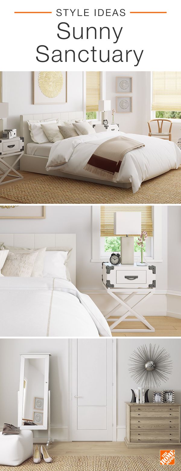Fresh white bedding sets the mood for this sunny sanctuary. A natural fiber rug ...