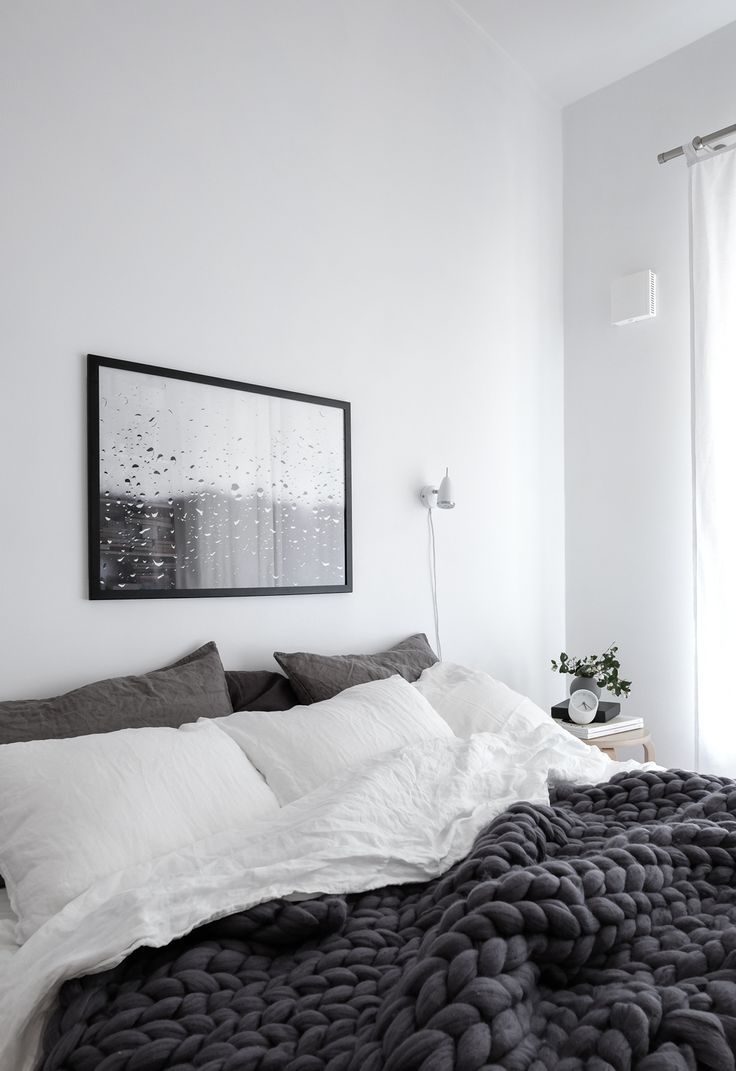 Scandinavian Grey Bedroom with Raindrops Print and Chunky Wool Blanket