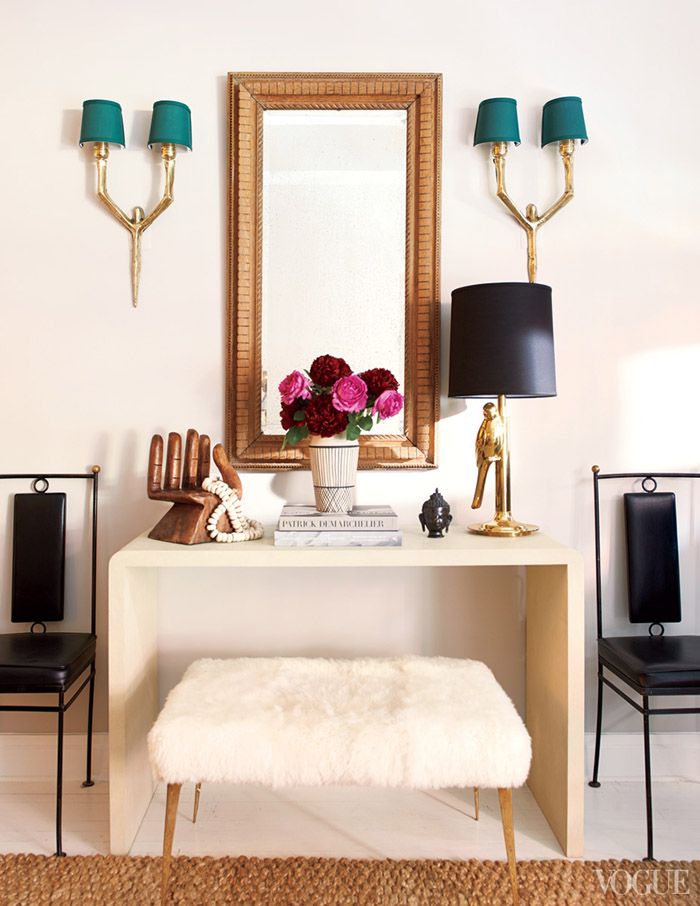Karlie Kloss model home NYC Vogue console sheepskin brass sconces hand mirror