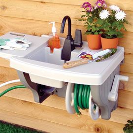 Outdoor sink.  No {extra} plumbing required. great for the kids to wash hands ou...