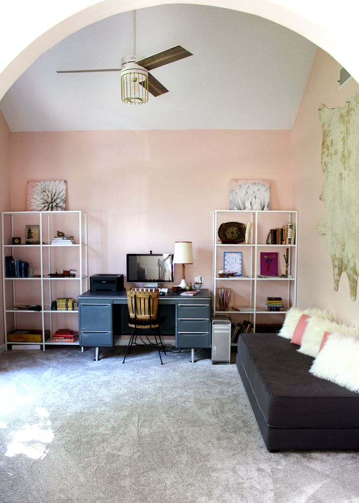 a blush home office makeover in Sherwin Williams Romance