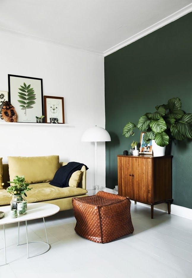 green wall, danish modern, retro, houseplants, wire planter, mustard yellow…