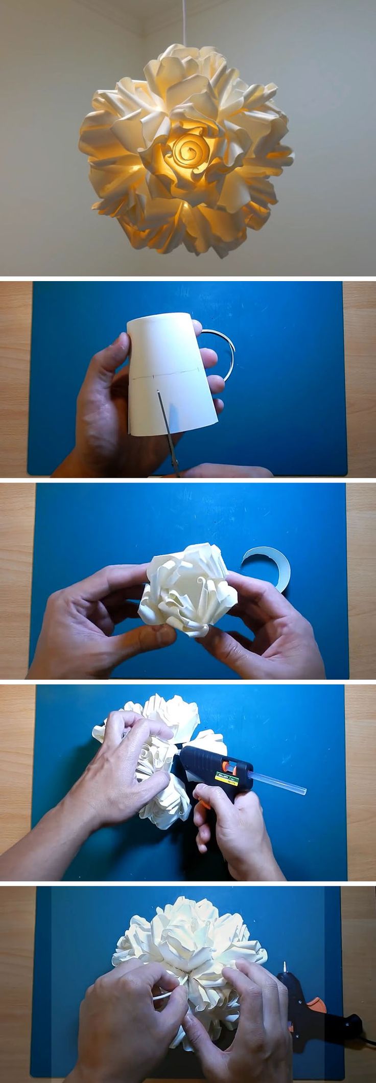 Create this artistic DIY paper rose pendant lamp. Individual paper roses are cre...