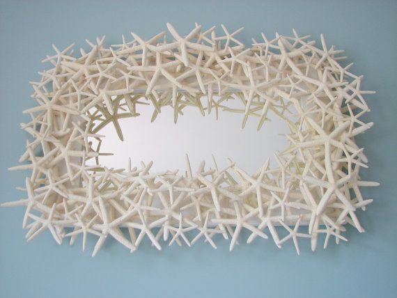 Beach Decor Decorative Shell Mirror w White Finger Starfish,...