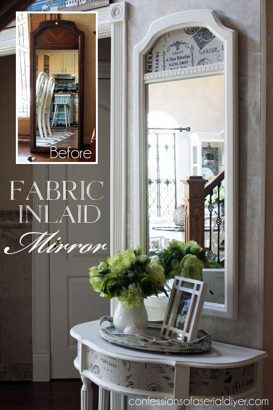 Dated thrift store mirror updated with a little paint and fabric!...
