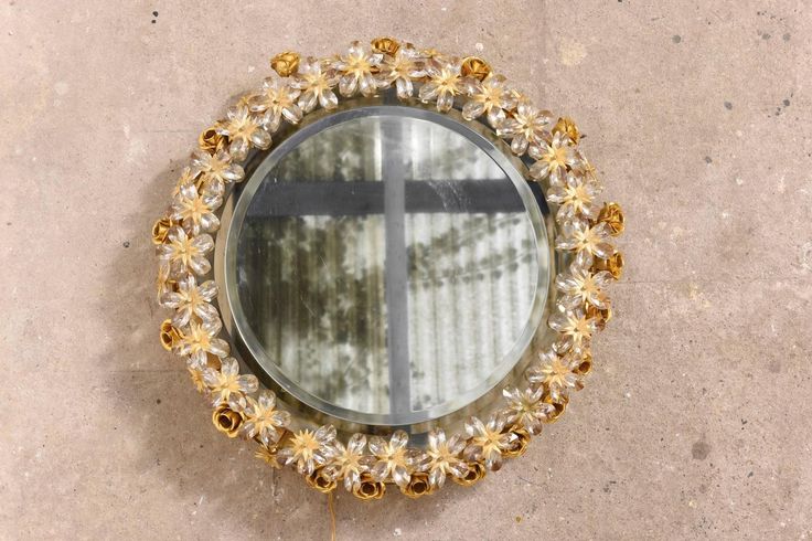 Large Crystal Flowers and Gilt Roses Illuminated Mirror by Palwa | From a unique...