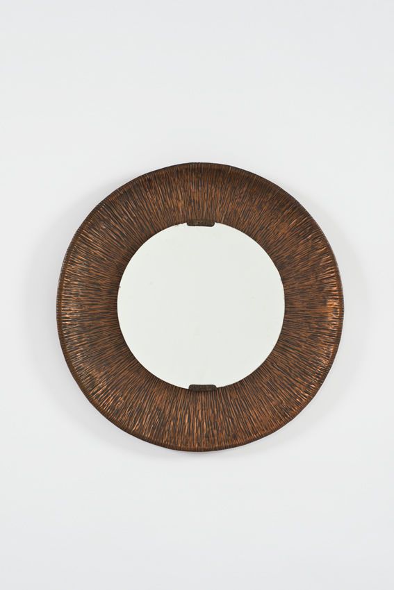 Lorenzo Burchiellaro; Hammered and Oxidized Copper and Glass Wall Mirror, 1960s.