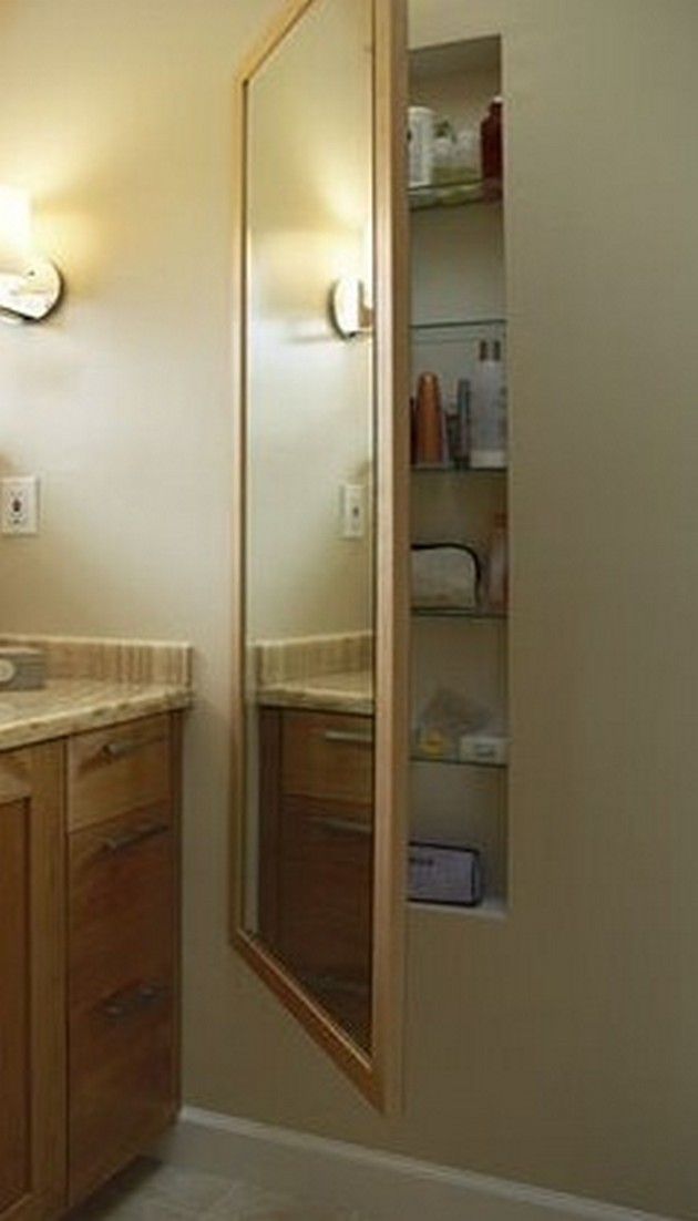 Master Bath - Use space between studs with a hinged mirror in front for extra st...