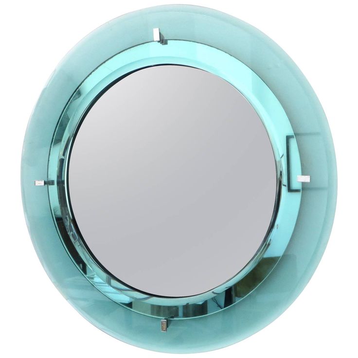 Pale Aqua Blue Italian Fontana Arte Round Beveled Mirror...