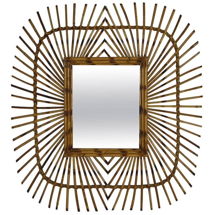 Unusual French Riviera Rattan Mirror with Pyrography Decorations | From a unique...
