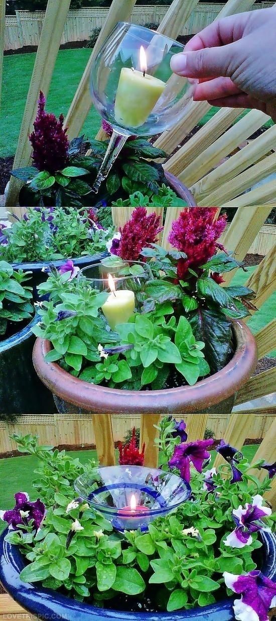 Place candles in wineglass for dim lighting when having an outdoor dinner/party ...