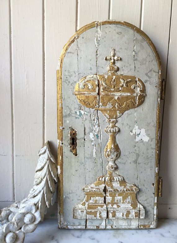 early 1800s antique French tabernacle door, antique French religious panel with gilding