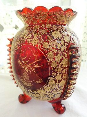 ANTIQUE BOHEMIAN MOSER GLASS RED VASE GOLD ENCRUSTED STAG GOAT BUTTERFLIES