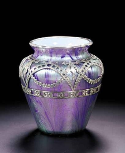 LOETZ SILVER MOUNTED VASE after 1905.  Pale blue and purple ground decorated wit...