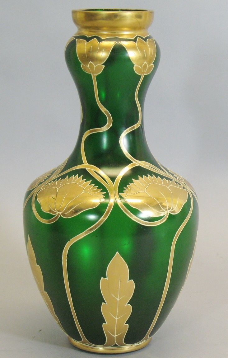 Magnificent Art Nouveau Bohemian Emerald Green Vase with Gold Gild and Enamel Ac...